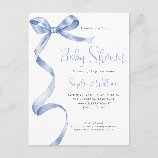 Carte Postale Baby shower Bow Ribbon Bow Aquarelle bleu clair (Devant)