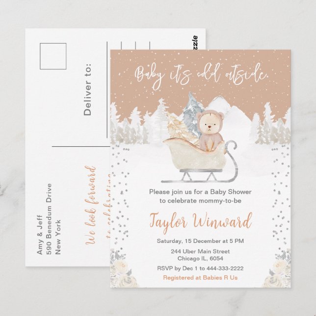 Carte Postale Baby shower Brown de traîneau de l'ours d'hiver (Devant / Derrière)