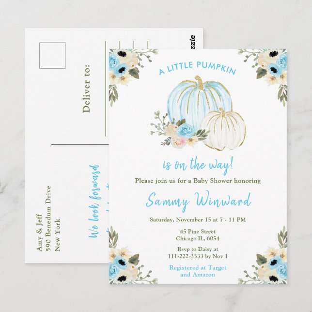 Carte Postale Baby shower Citrouille bleu et blanc (Devant / Derrière)