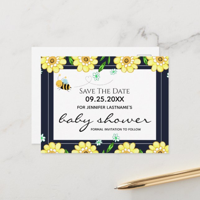 Carte Postale Baby shower d'abeilles Enregistrer la date (Devant/Arrière en situation)