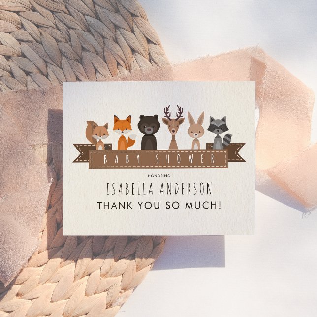Carte Postale Baby shower d'animaux de bois mignons | MERCI (Créateur téléchargé)