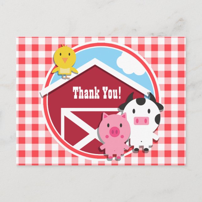 Carte Postale Baby shower d'animaux de ferme; En vichy rouge et  (Devant)