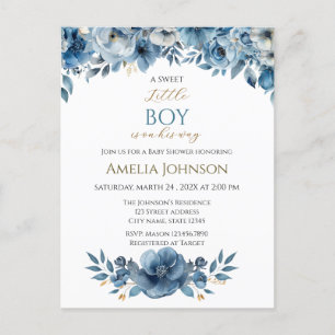 Carte Postale Baby shower d'aquarelle Florale bleu moderne
