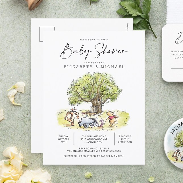 Carte Postale Baby shower d'aquarelle Pooh et Pals (Postcard on table)