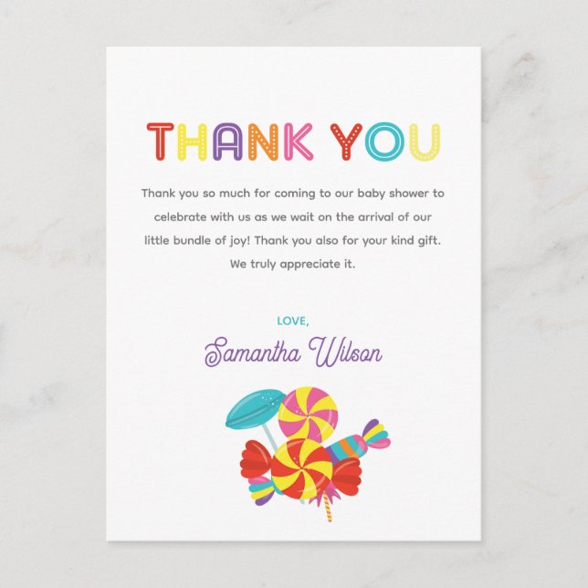 Carte Postale Baby shower de bonbons doux et amusant Merci (Devant)