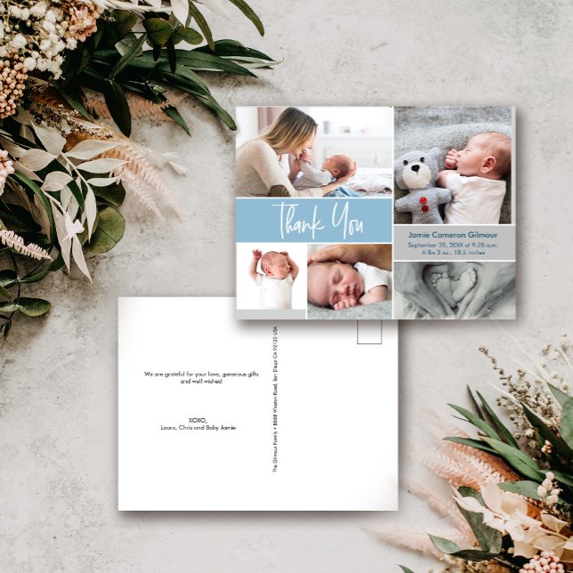 Carte Postale Baby shower de collection photo de la main bleue (Blue baby boy birth announcement  baby shower Thank you card)