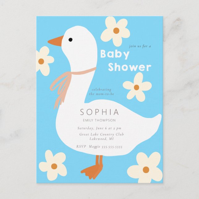 Carte Postale Baby shower de l'oie blanche et des marguerites (Devant)