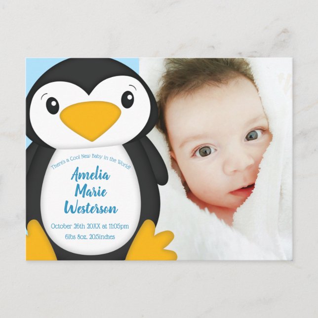 Carte Postale Baby shower de pingouin bleu (Devant)