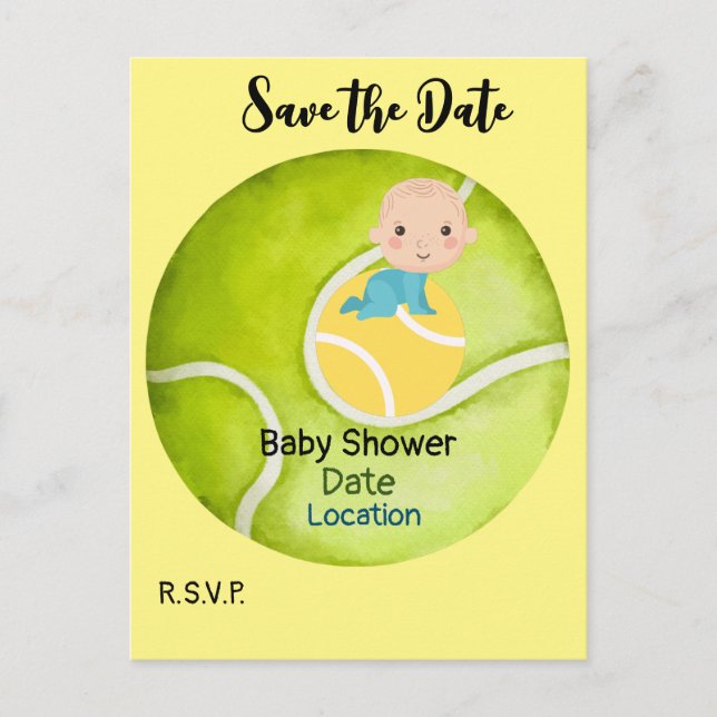 Carte Postale Baby shower de tennis avec bébé sur balle Date de  (Devant)