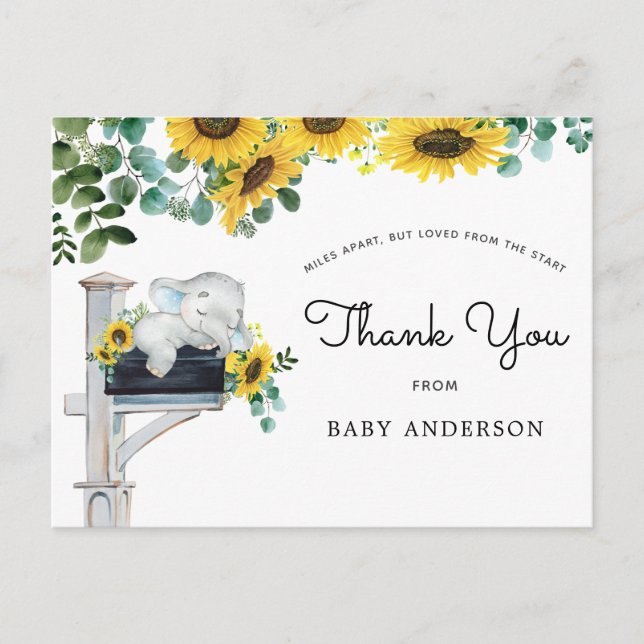 Carte Postale Baby shower de tournesol éléphant par Merci du cou (Devant)