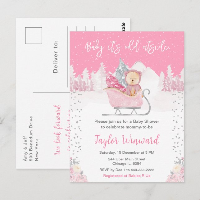 Carte Postale Baby shower de traîneau rose de l'ours d'hiver (Devant / Derrière)