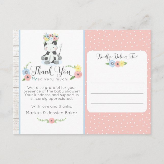 Carte Postale Baby shower de vache Cute Floral Veau Merci photo (Devant)