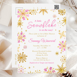 Carte Postale Baby shower d'hiver des flocons de neige roses et 
