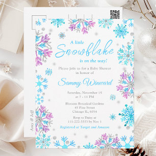Carte Postale Baby shower d'hiver des flocons de neige violets e