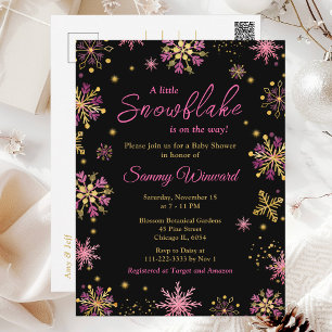 Carte Postale Baby shower d'hiver des flocons d'or et de rose