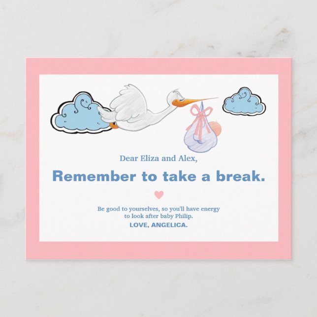 Carte Postale Baby shower d'illustration de la cigogne blanche e (Devant)