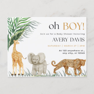Carte Postale baby shower d'invitation, sauvage, animaux