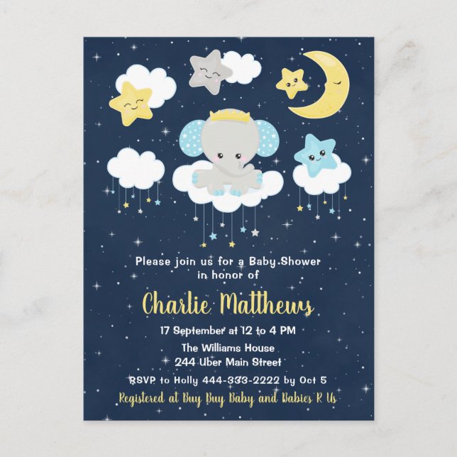 Carte Postale Baby Shower Éléphant Garçon Bleu et Nuit (Devant)