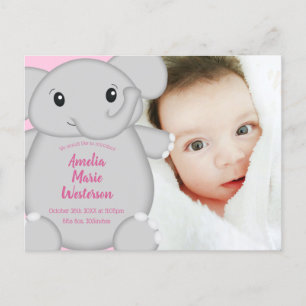 Carte postale Baby shower Eléphant Rose
