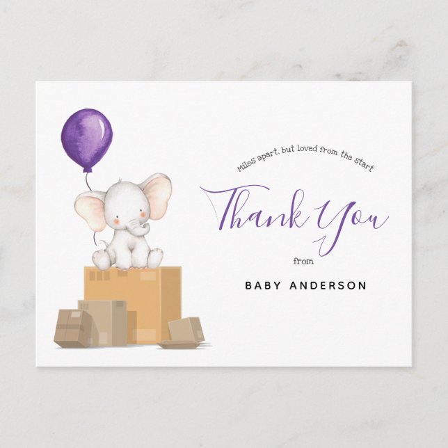 Carte Postale Baby shower Eléphant Violet par Merci de courrier (Devant)