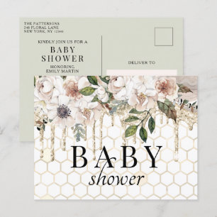 Carte Postale Baby shower en marbre à Parties scintillant fleuri