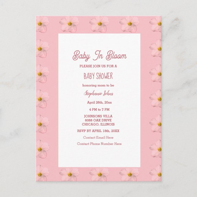 Carte Postale Baby shower Fille Bébé En Fleur Motif Floral Rose (Devant)