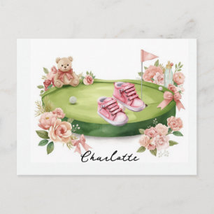 Carte Postale Baby Shower fille de golf avec ours en peluche ros