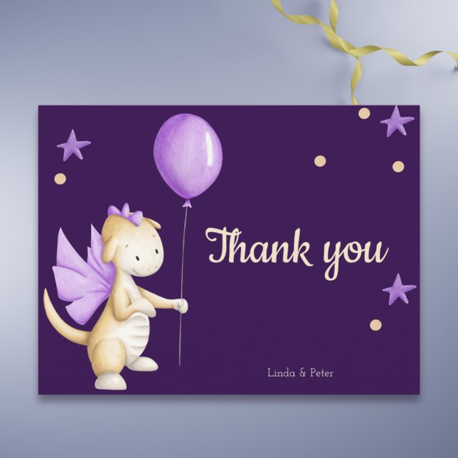 Carte Postale Baby shower fille Merci bébé violet Dragon (Cute purple dragon thank you baby shower postcard)