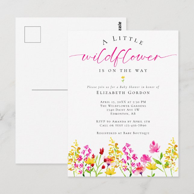 Carte Postale Baby shower fleur sauvage Aquarelle Floral rose mo (Devant / Derrière)