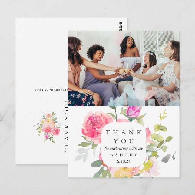 Carte Postale Baby shower Floral Merci photo (Devant / Derrière)