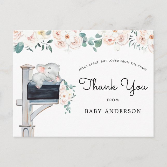 Carte Postale Baby shower floral rose éléphant par Merci du cour (Devant)