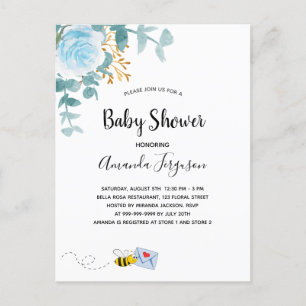 Carte Postale Baby shower garçon bleu floral vert maman à être