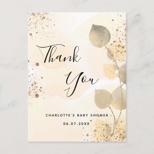 Carte Postale Baby shower golden eucalyptus parties scintillant  (Devant)