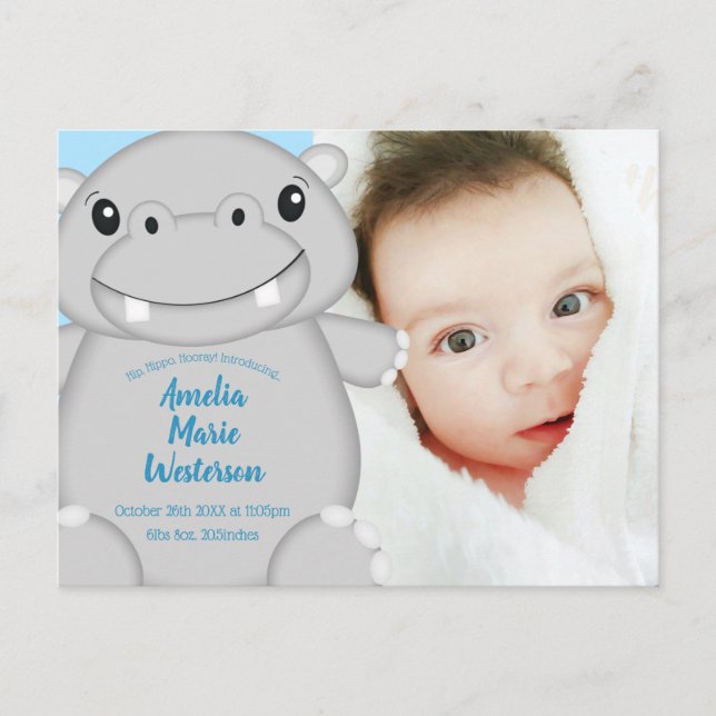 Carte Postale Baby shower Hippo bleu (Devant)