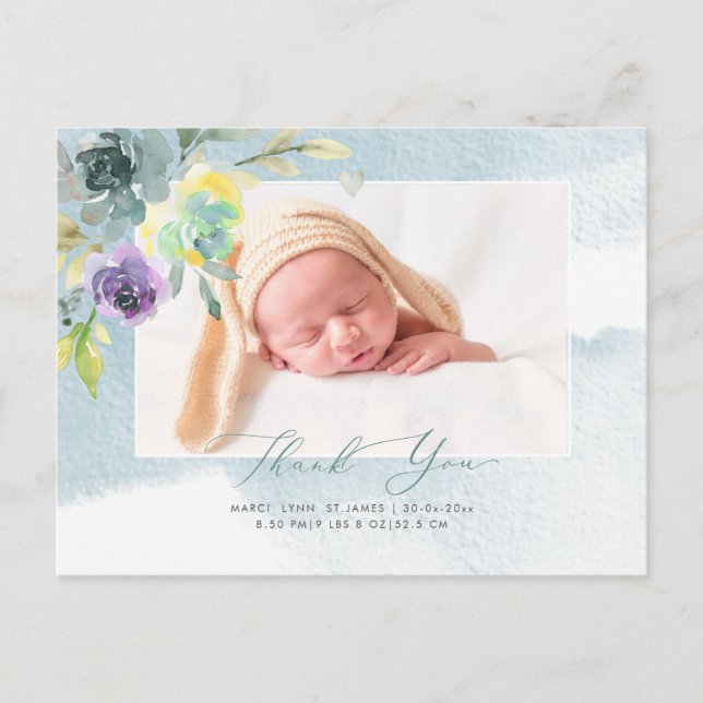 Carte Postale Baby shower Merci Aquarelle Dusty Blue Peony (Devant)