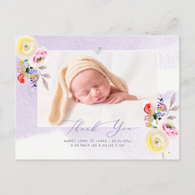 Carte Postale Baby shower Merci Aquarelle Roses Jaunes (Devant)