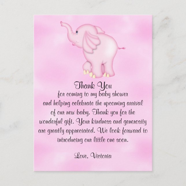 Carte Postale Baby shower Merci fille éléphant (Devant)
