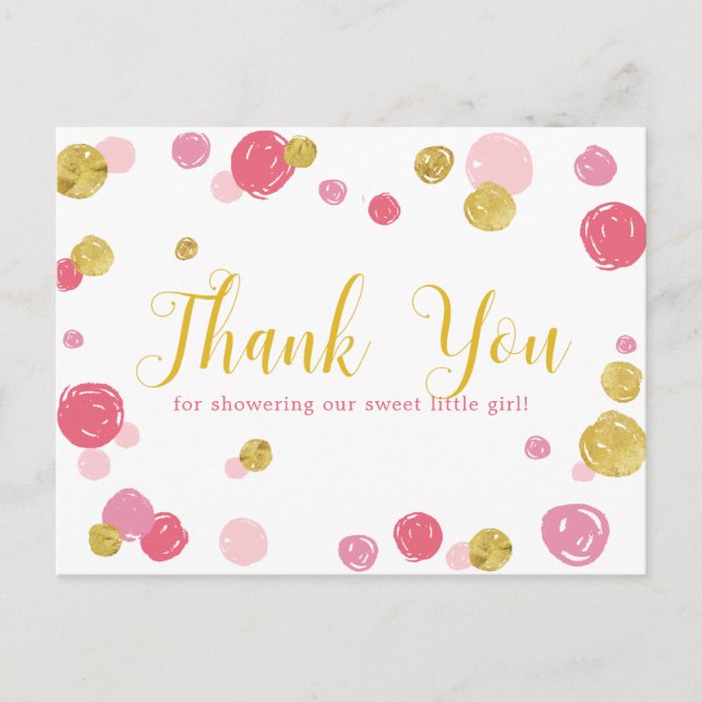 Carte Postale Baby shower Merci Pois en or rose doux (Devant)