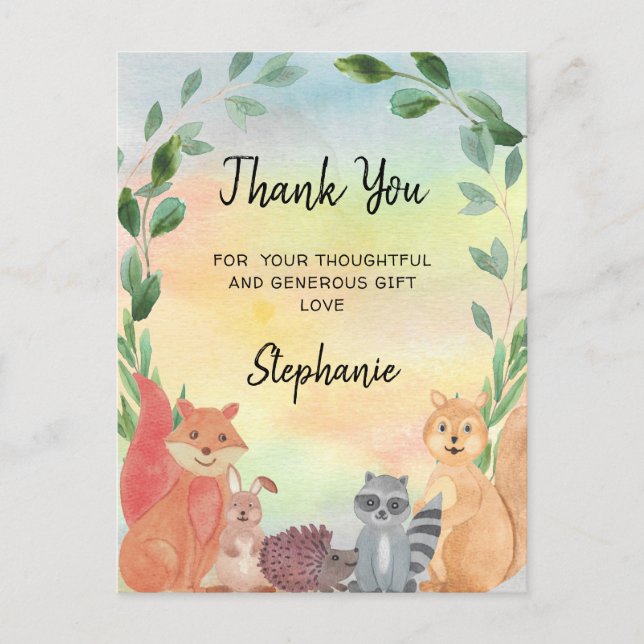 Carte postale Baby shower Merci pour animaux fores (Devant)