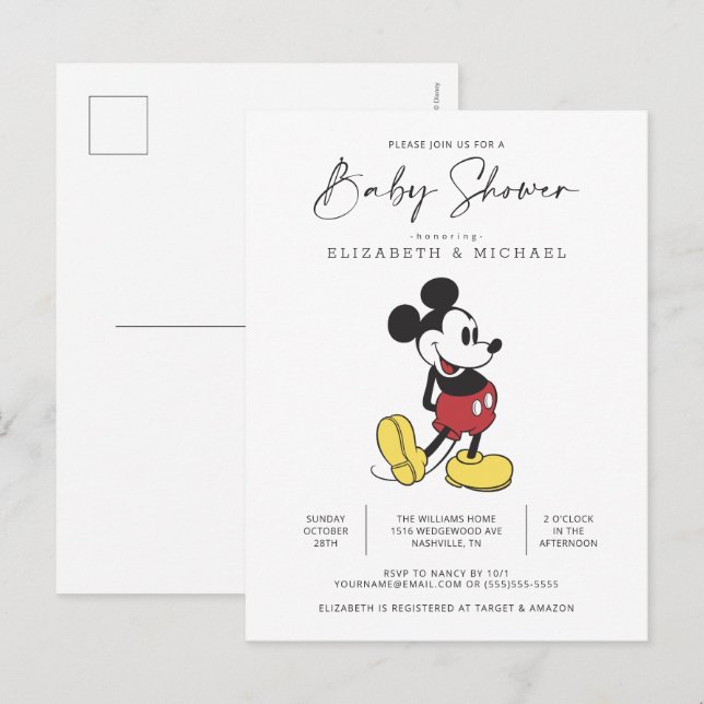 Carte Postale Baby Shower Mickey Mouse Simple et Moderne (Devant / Derrière)