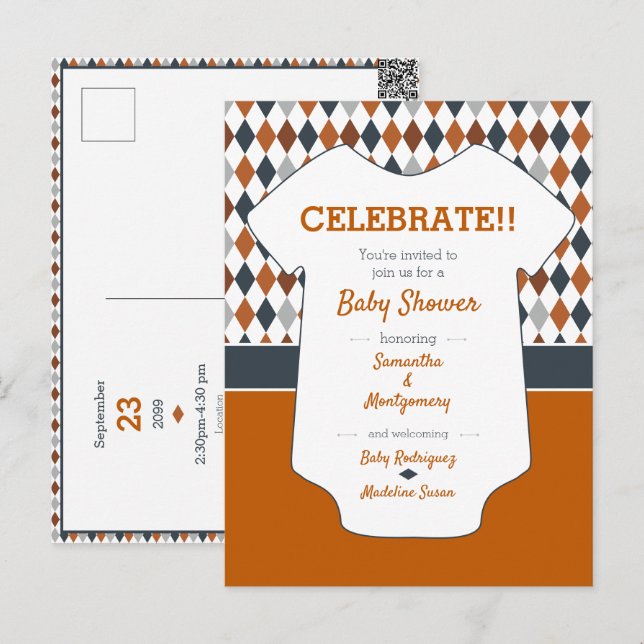 Carte Postale Baby shower Motif de Jacquard orange brûlé (Devant / Derrière)