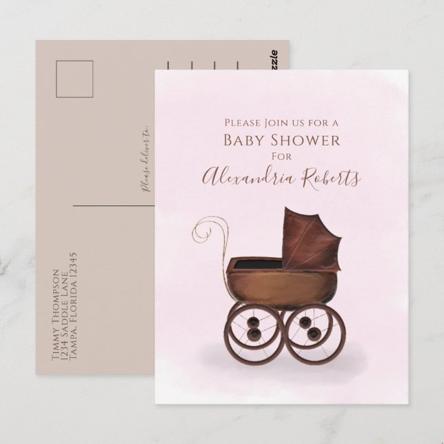 Carte Postale Baby shower Rose Aquarelle Fille Porte bébé (Devant / Derrière)