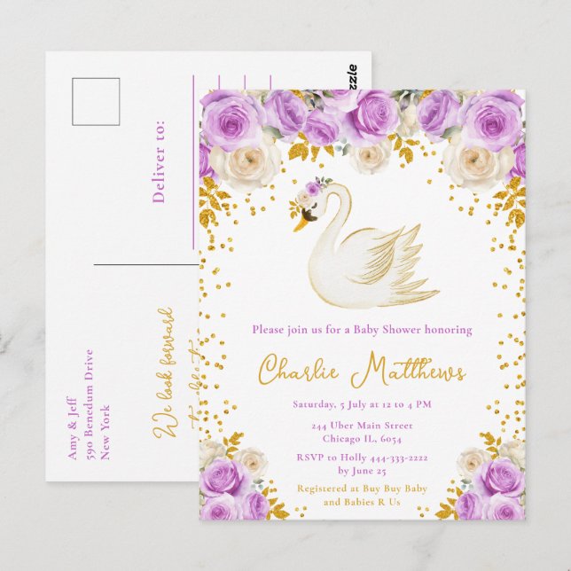 Carte Postale Baby shower Rose cygne violet et or (Devant / Derrière)