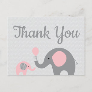 Carte postale Baby shower rose Grey Elephant