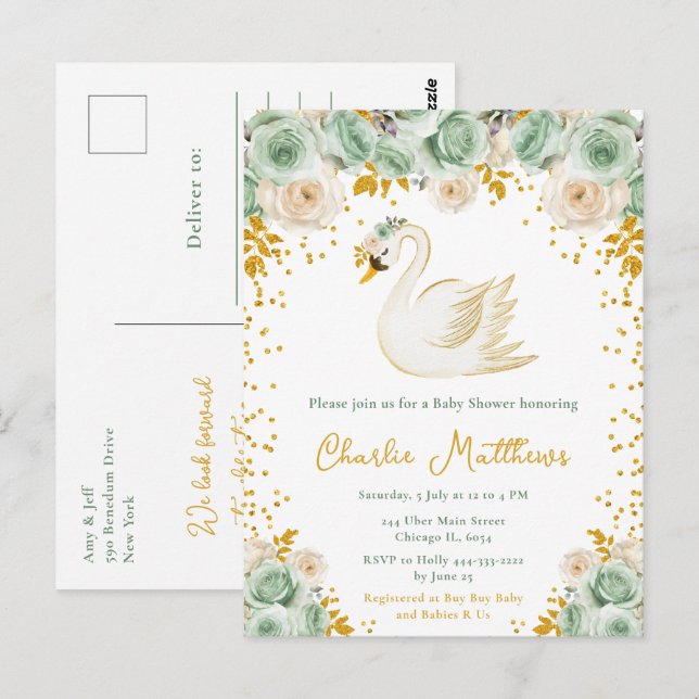 Carte Postale Baby shower Rose Swan Sage Green et Gold (Devant / Derrière)