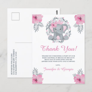 Carte Postale Baby shower Safari rose Floral Elephant Merci