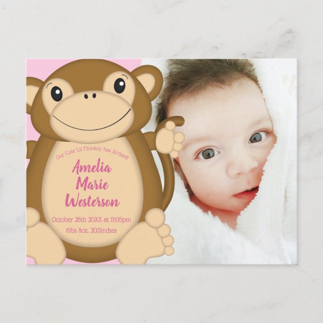 Carte Postale Baby shower singe rose (Devant)