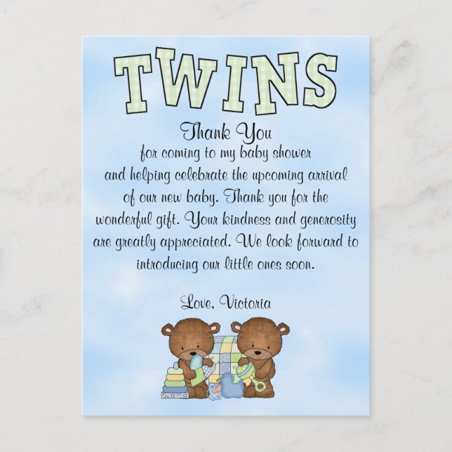 Carte Postale Baby shower Twin Boys Teddy Bear (Devant)