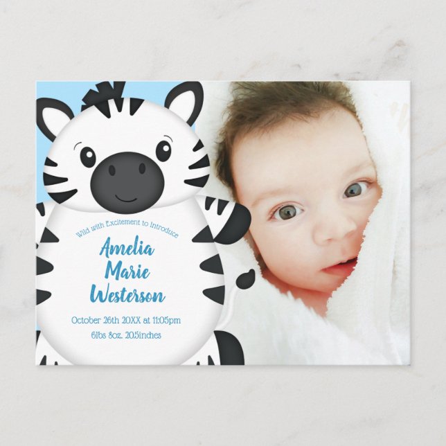 Carte Postale Baby shower Zebra bleu (Devant)