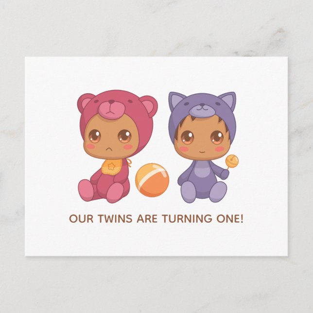 Carte Postale Baby Twins Premier anniversaire Chat Bear Invitati (Devant)